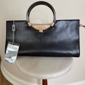 Elegant Black Leather Clutch with Circular Handles